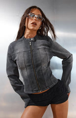 Corey Black Washed Denim Biker Jacket