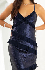 Inara Navy Sequin Ruffle Maxi Dress