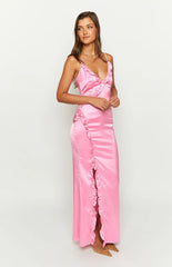 Nahanee Pink Satin Ruffle Maxi Dress