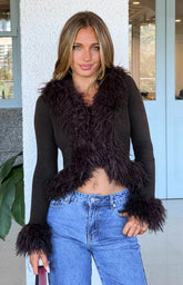 Violetta Chocolate Fur Trim Knit Cardigan - PRE ORDER