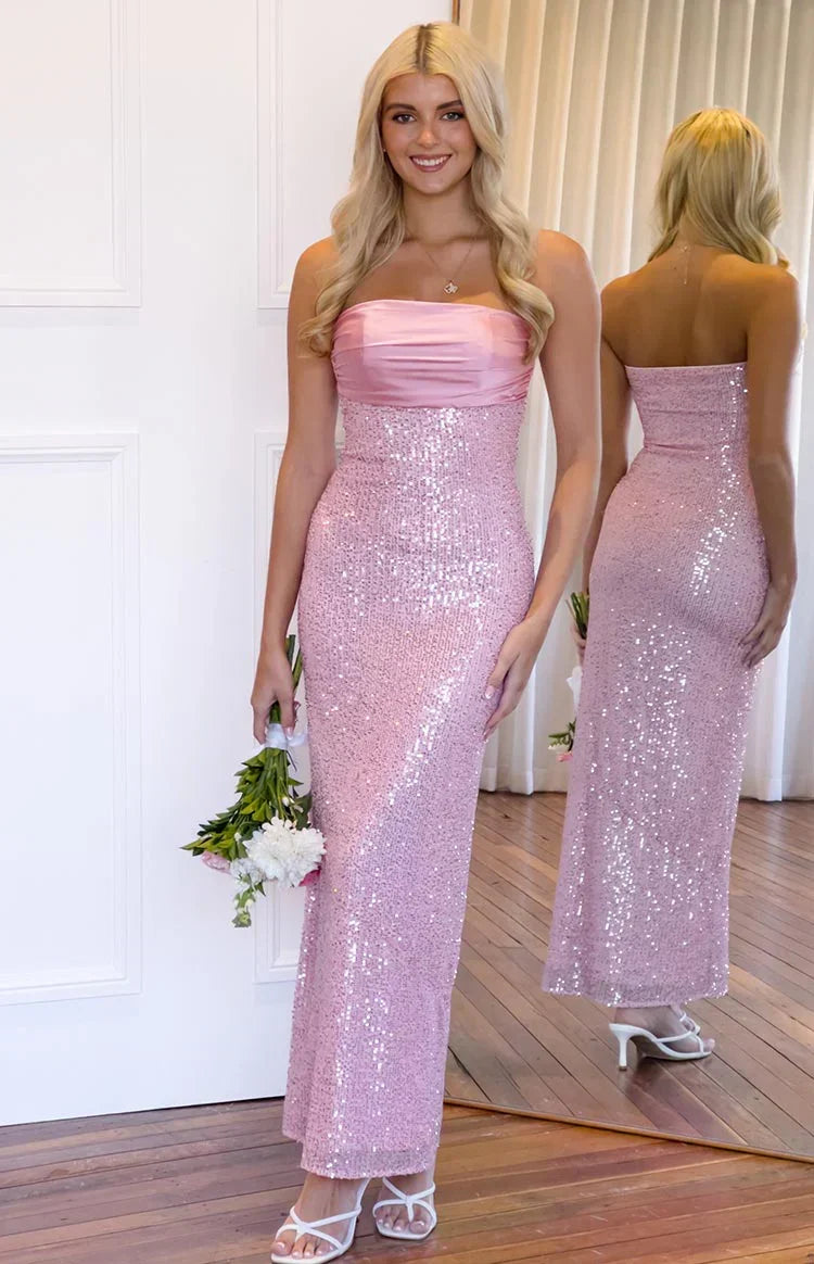 Alliana Pink Sequin Strapless Formal Maxi Dress