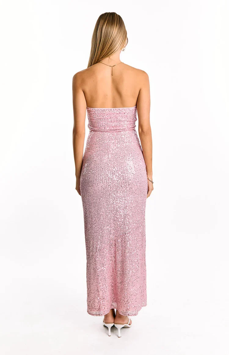 Alliana Pink Sequin Strapless Formal Maxi Dress