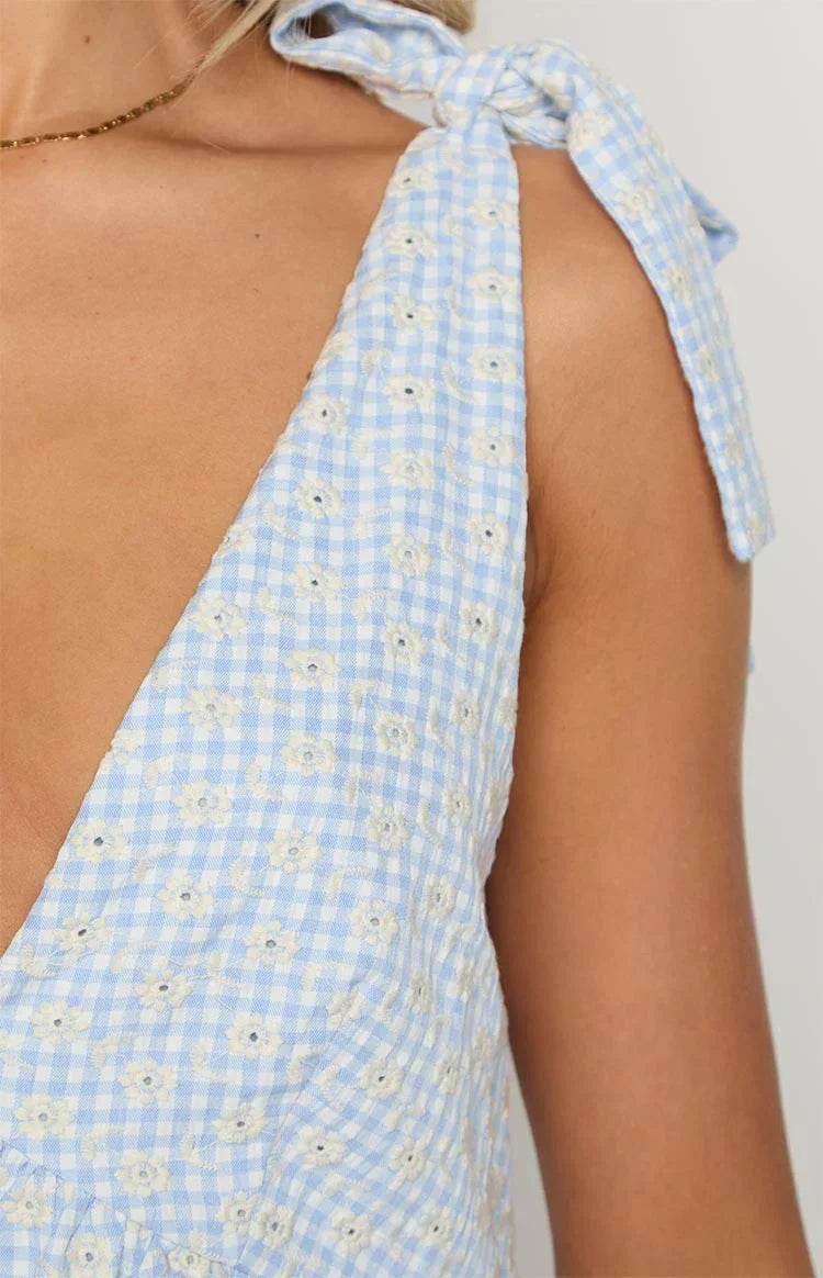 Angel Girl Blue Gingham Floral Mini Dress