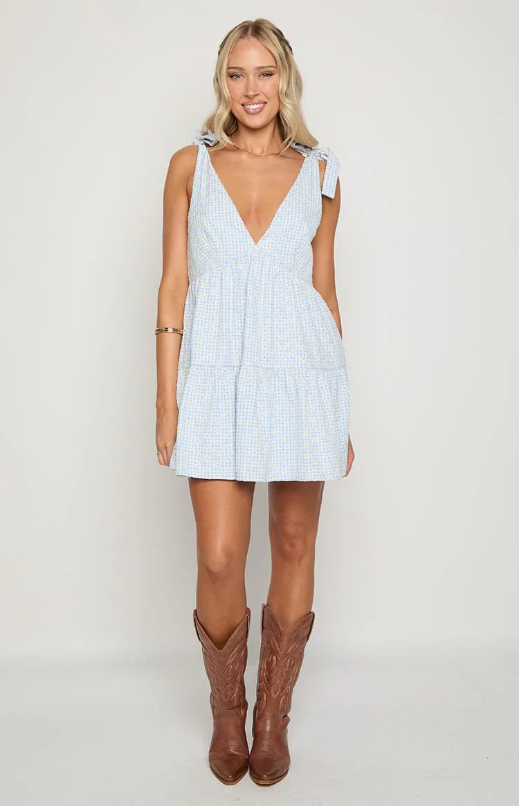 Angel Girl Blue Gingham Floral Mini Dress