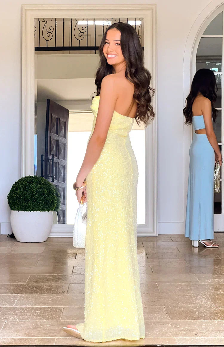 Ashley Yellow Sequin Strapless Maxi Dress