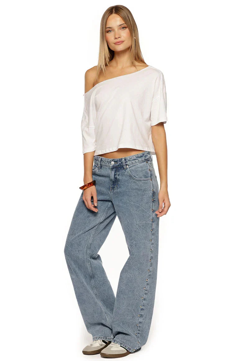 Charli Mid Wash Denim Studded Low Waist Baggy Leg Jeans