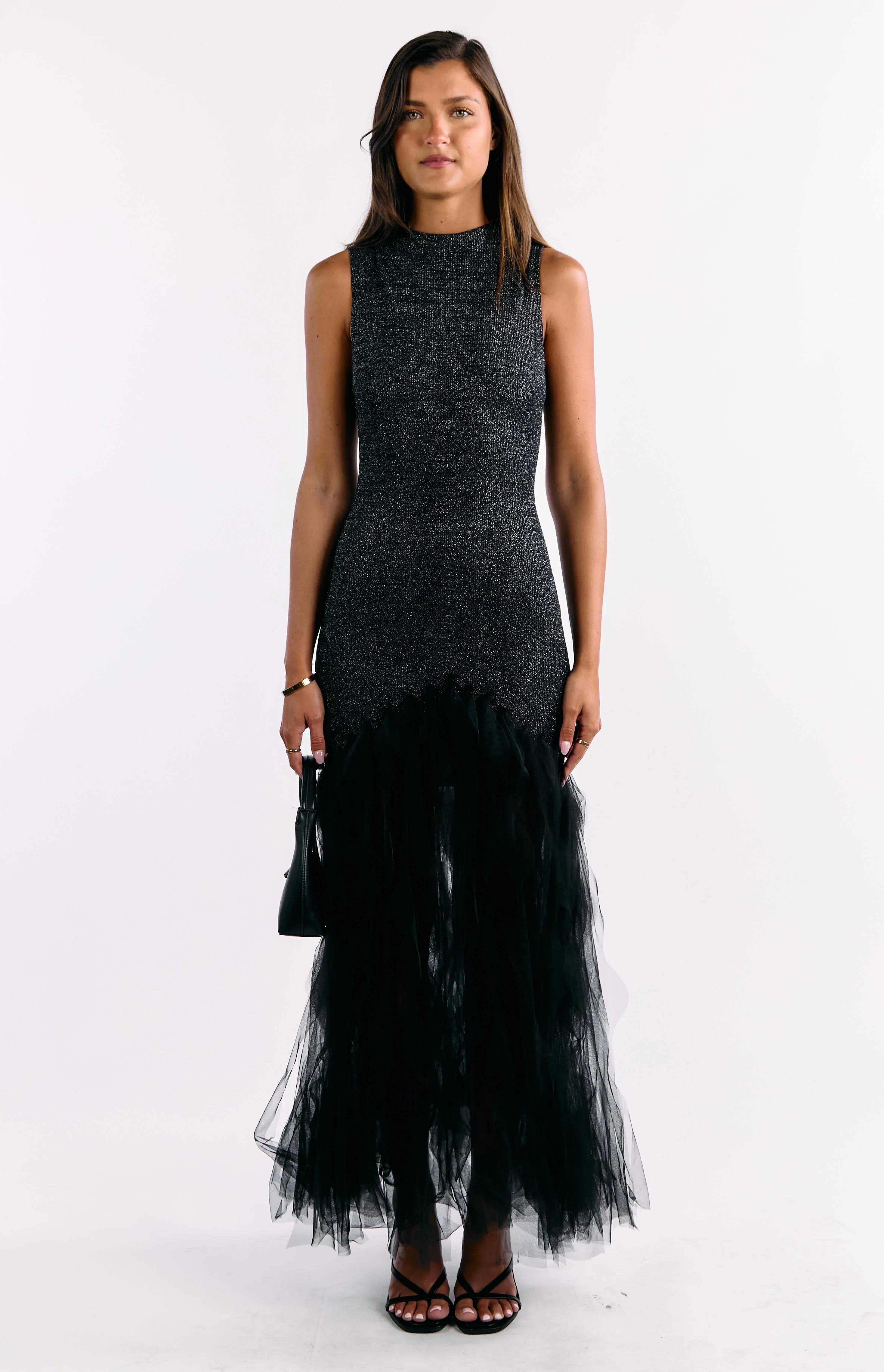 Courtni Black Sequin Ruffle Maxi Dress