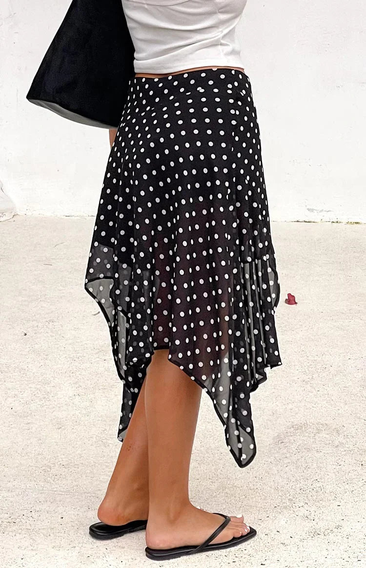Khalea Black Polka Dot Hanky Hem Midi Skirt