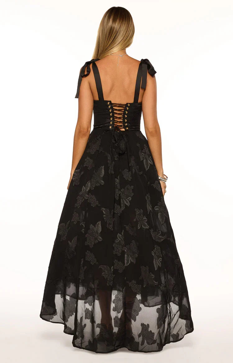 Lily Black Tie Shoulder Formal Maxi Dress