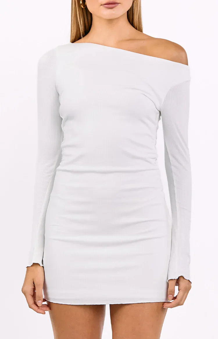Myles White Long Sleeve Drop Shoulder Mini Dress