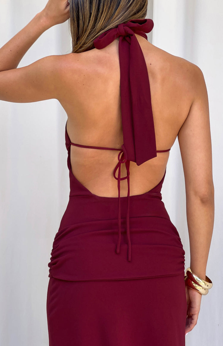 Paulina Burgundy Jersey Halter Neck Formal Dress