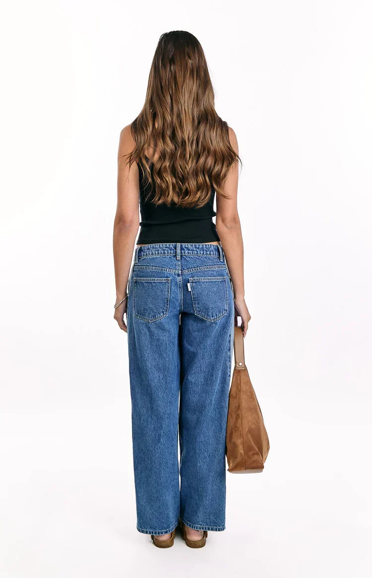 Roonie Contrast Stripe Mid Wash Denim Low Rise Jeans