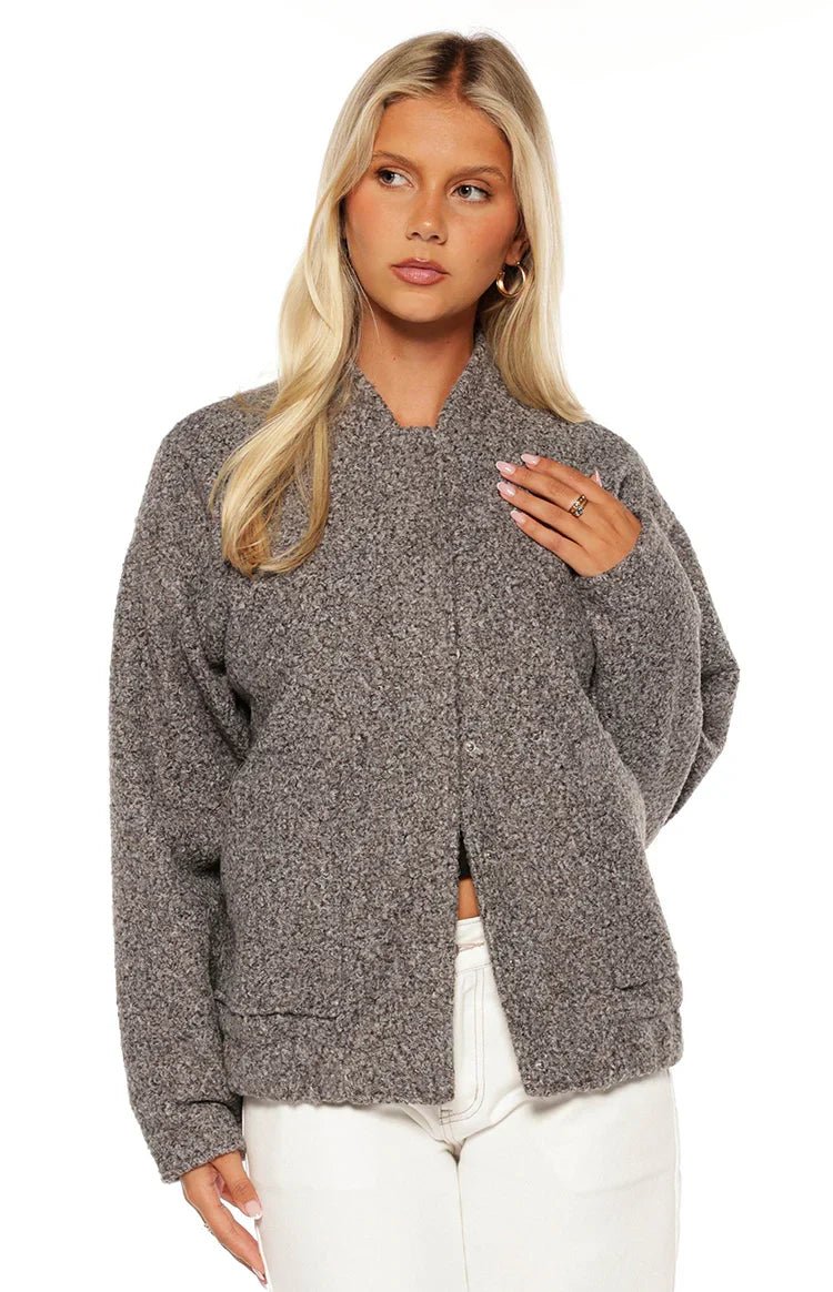 Warren Grey Boucle Button Up Bomber Jacket