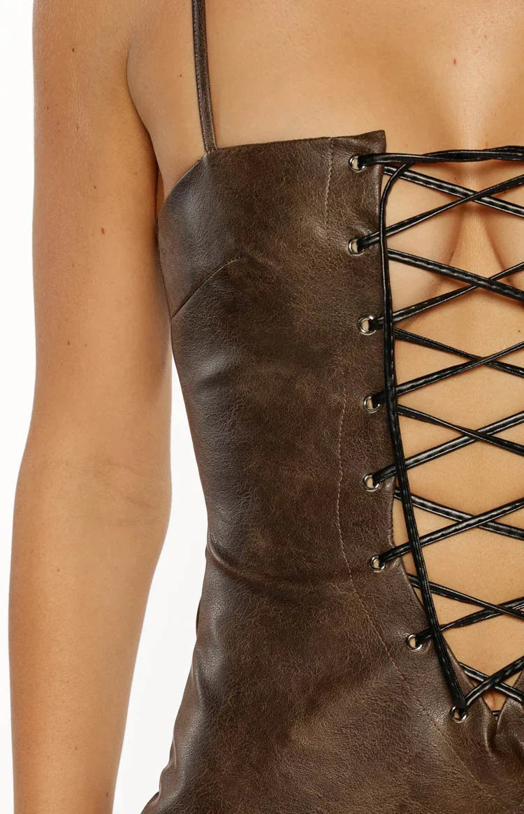 Britany Vintage Brown PU Lace Up Mini Dress