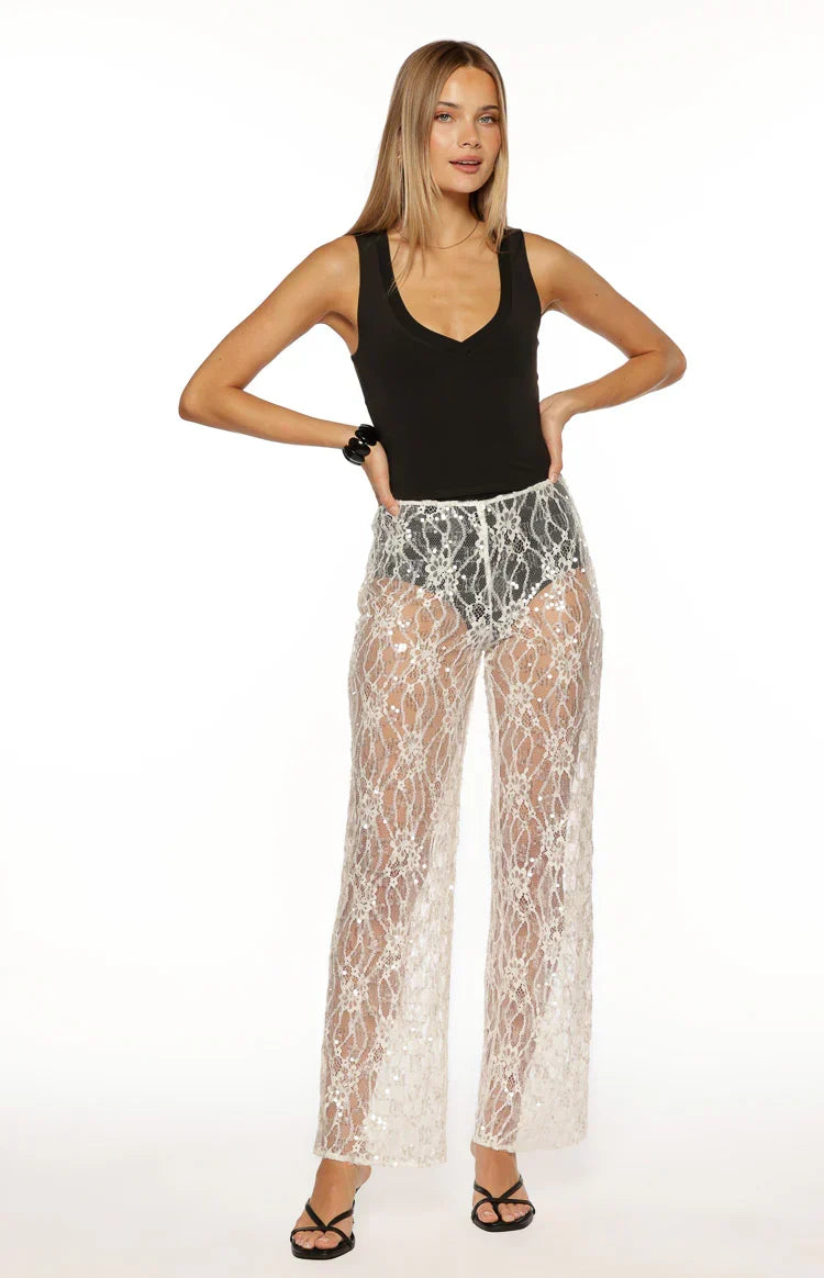 Dani White Sequin Lace Sheer Pants