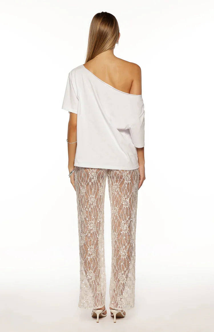 Dani White Sequin Lace Sheer Pants